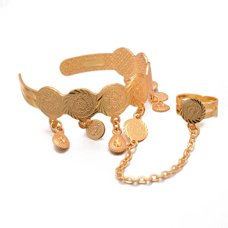 Baby Girl Gold Coin Bangle with Attached Ring