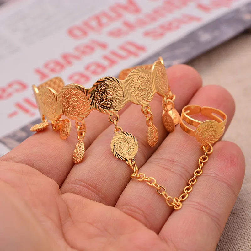 Baby Girl Gold Coin Bangle with Attached Ring