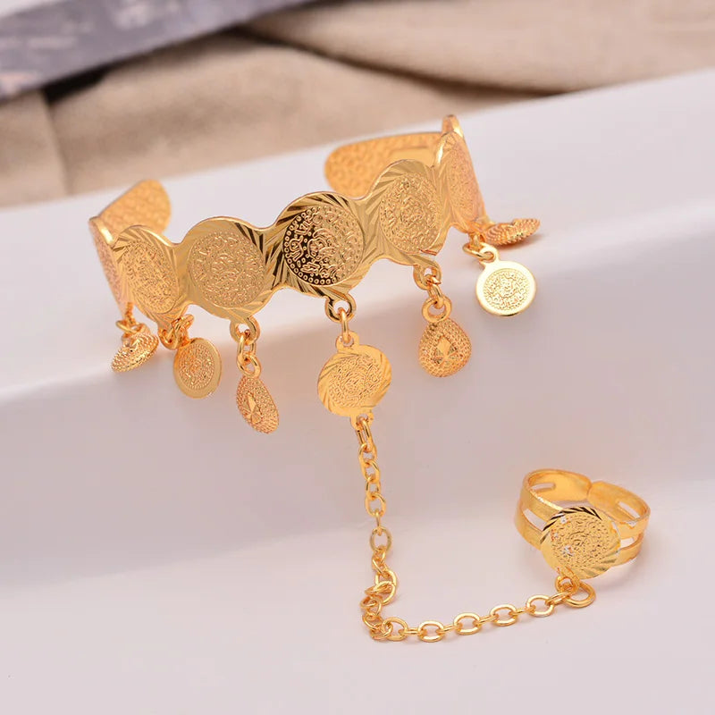 Baby Girl Gold Coin Bangle with Attached Ring