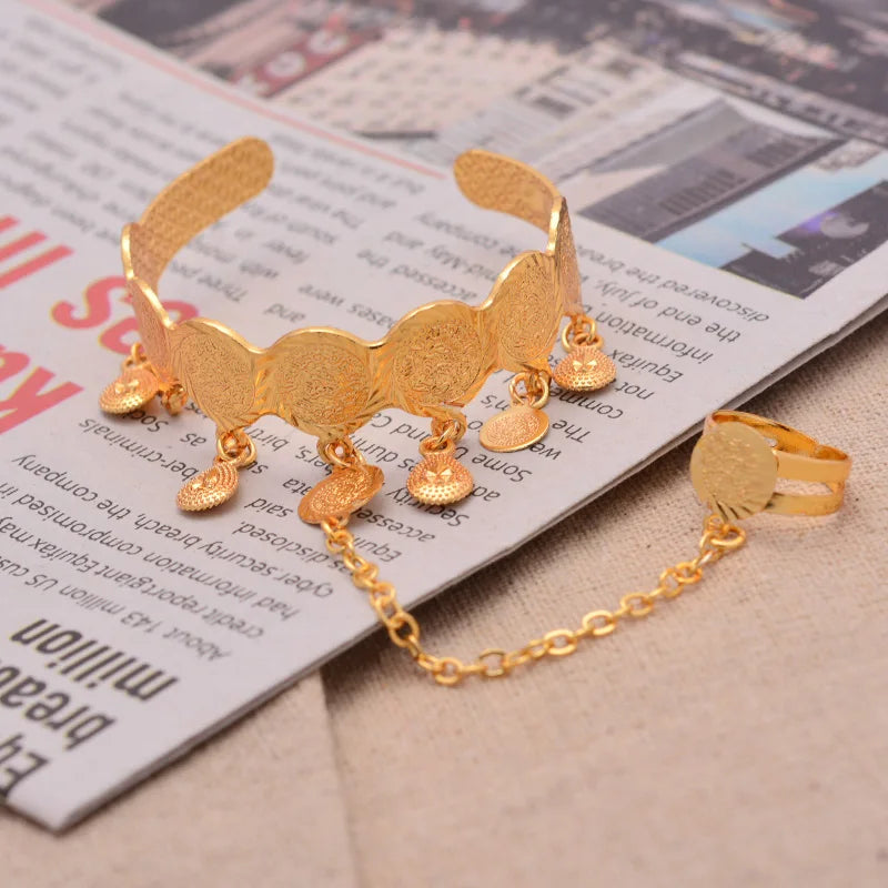 Baby Girl Gold Coin Bangle with Attached Ring