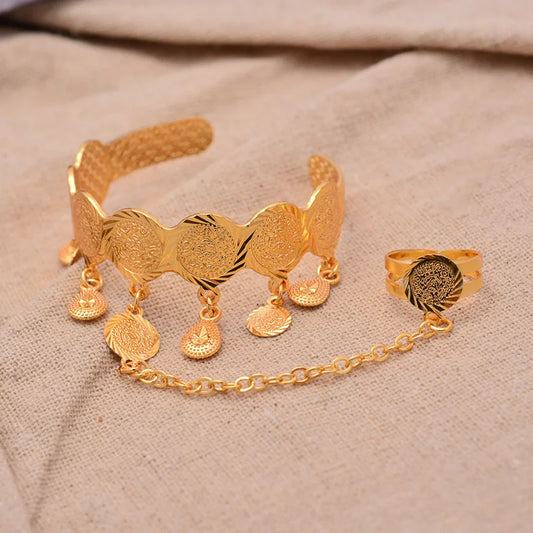 Baby Girl Gold Coin Bangle with Attached Ring