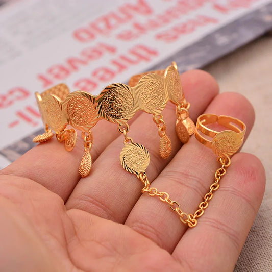 Baby Girl Gold Coin Bangle with Attached Ring