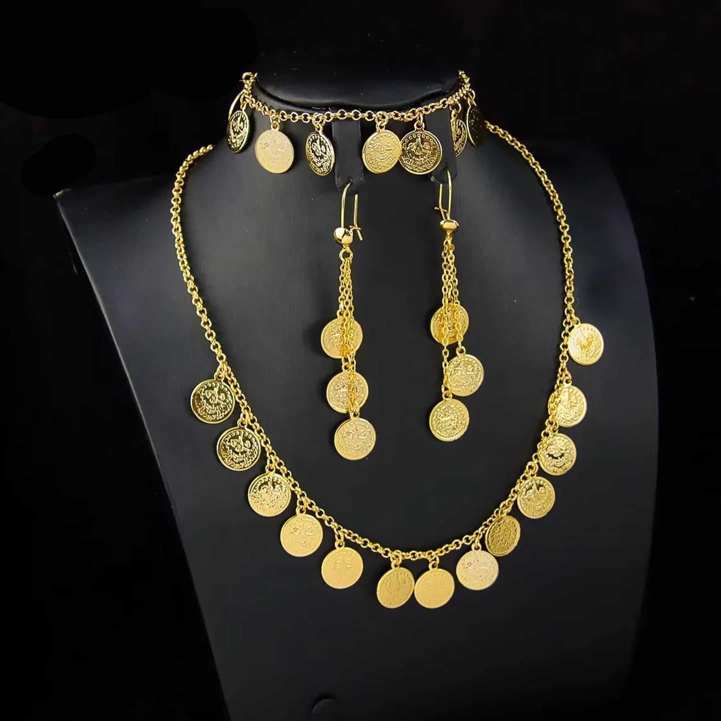 21K Plated Turkish Plated Gold Coin Earrings Necklace & Bracelet Set