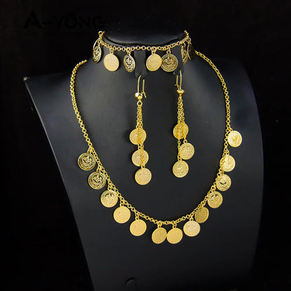 21K Plated Turkish Plated Gold Coin Earrings Necklace & Bracelet Set