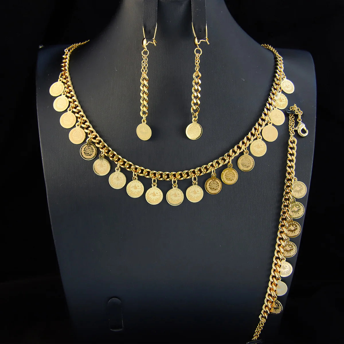 21K Plated Turkish Plated Gold Coin Earrings Necklace & Bracelet Set