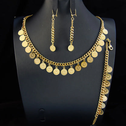 21K Plated Turkish Plated Gold Coin Earrings Necklace & Bracelet Set